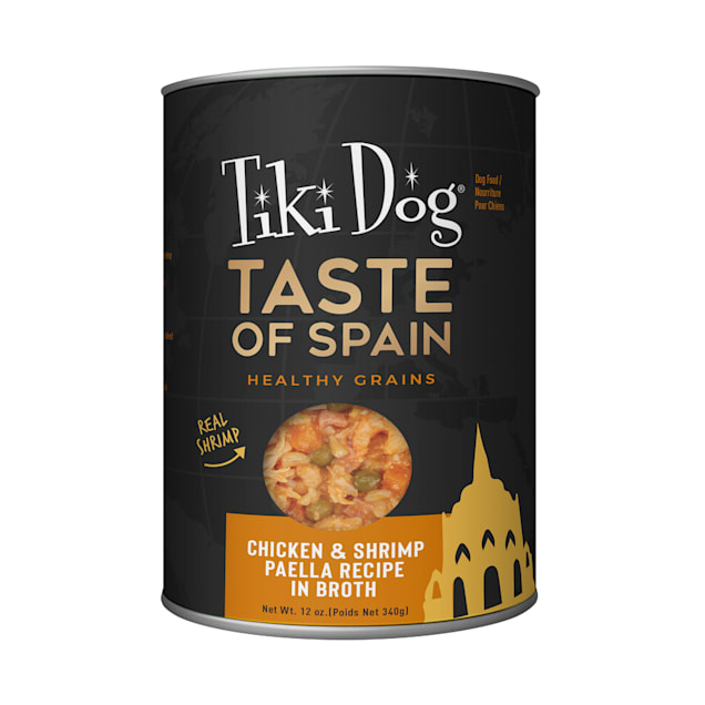 Tiki Dog Taste of Spain Healthy Grains Chicken & Shrimp Paella Recipe in Broth Wet Dog Food, 12 oz., Case of 8 - Carousel image #1