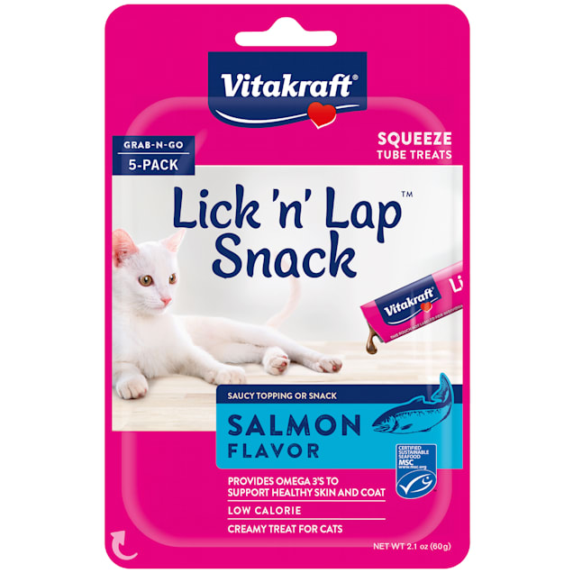 Vitakraft Lick 'n' Lap Snack Salmon Flavor Wet Cat Food, 2.1 oz., Count of 5 - Carousel image #1
