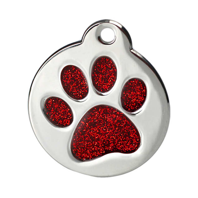 GoTags Personalized Red Paw Print Glitter Round Shape Stainless