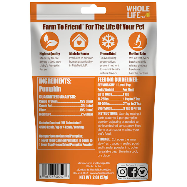 Whole Life Pet Human Grade Freeze Dried Instant Pumpkin Powder for Dogs &  Cats, 2 oz.