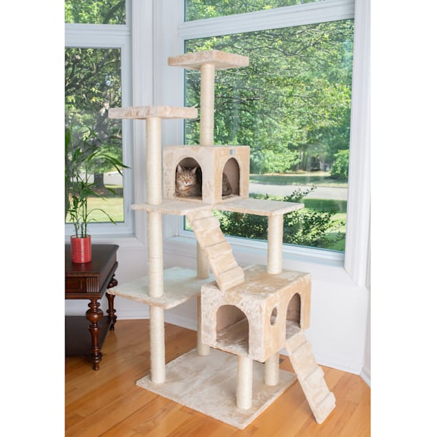 Gleepet Beige GP78700621 Real Wood Cat Tree with Two Ramps & Condos, 70