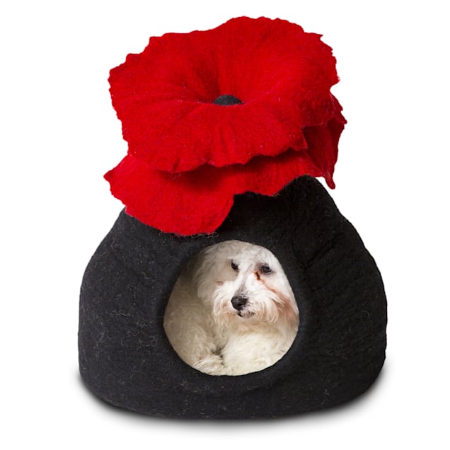 Dharma Dog Karma Cat Black & Red Bouquet Wool Pet Cave, 14" L X 12" W X 14" H - Carousel image #1