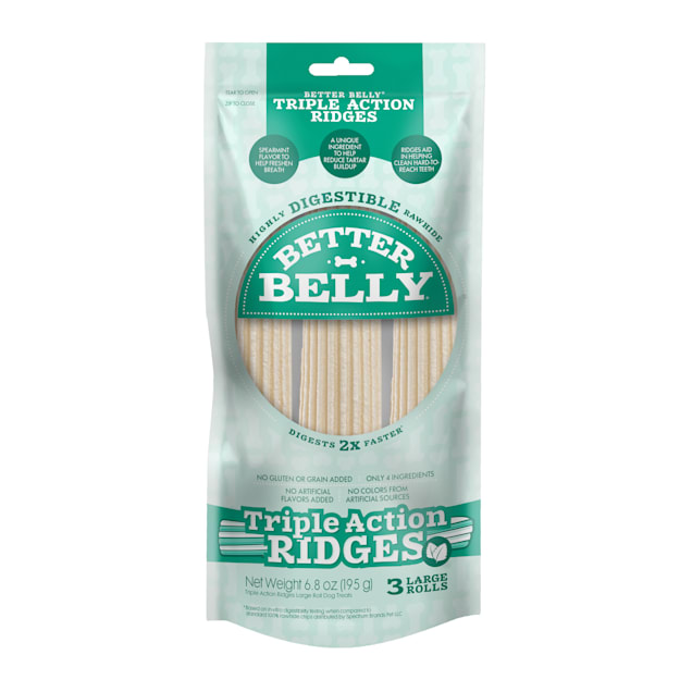 Better Belly Triple Action Ridges Hightly Digestible Rawhide Large Rolls for Dogs, 6.8 oz., Count of 3 - Carousel image #1