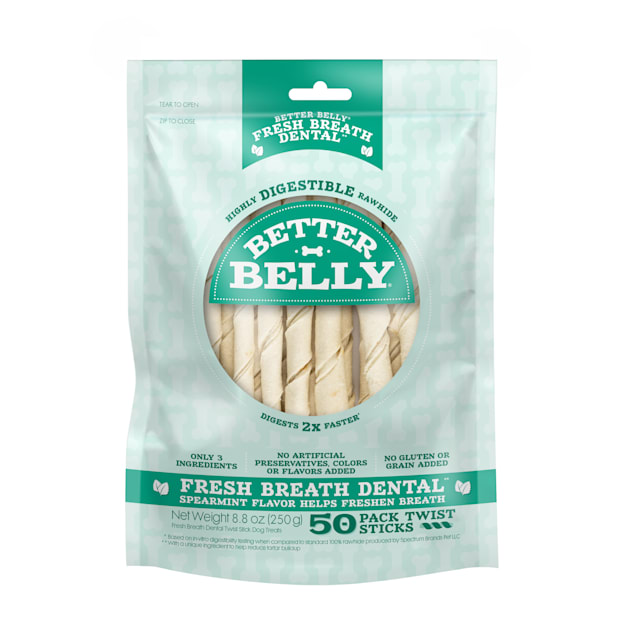 Better Belly Fresh Breath Highly Digestible Rawhide Dental Twist Sticks for Dogs, 8.8 oz., Count of 50 - Carousel image #1