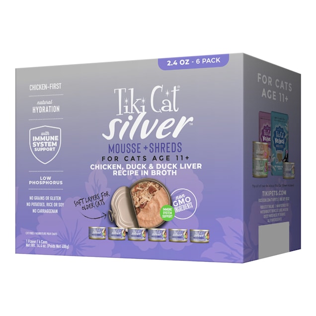Tiki Cat Silver Chicken, Duck & Duck Liver Recipe in Broth Shreds and Mousse Senior Wet Cat Food Multipack, 2.4 oz., Count of 6 - Carousel image #1