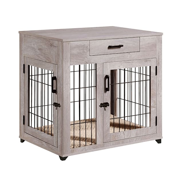 UniPaws Crate Wooden End Table with Wire Dog Kennels with Drawer in Weathered Grey, 32" L X 23" W X 30" H - Carousel image #1