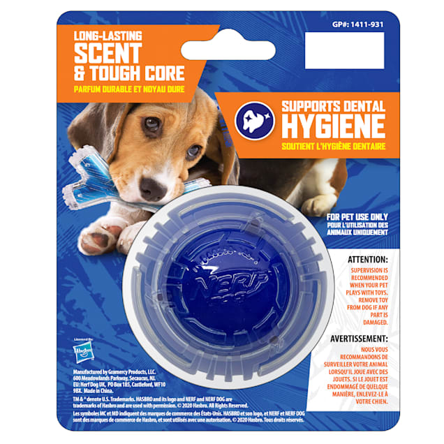 Balle Scentology Nerf Dog, parfum de bacon, bleu, Diam. 6,3 cm (2,5 po -  Boutique Le Jardin Des Animaux