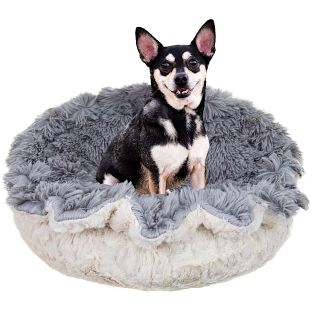 Bessie and Barnie Ultra Plush Siberian Grey/Serenity Ivory Deluxe Shag Pet Lily Pod Bed, 24" L X 24" W X 4" H - Carousel image #1