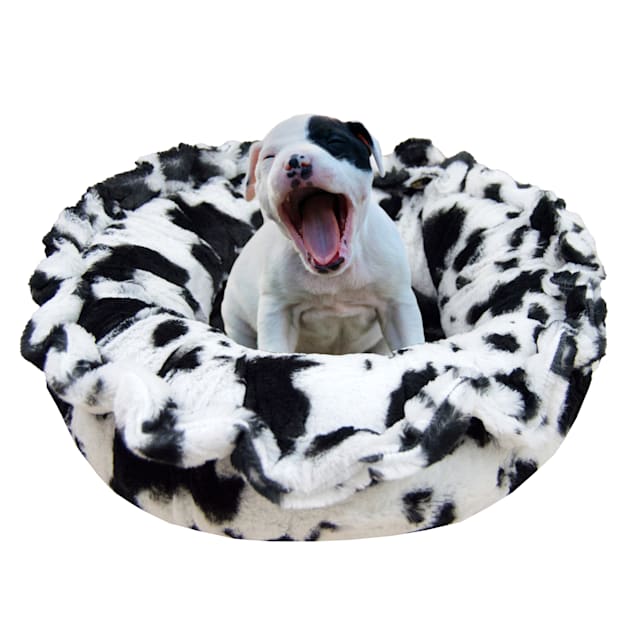 Bessie and Barnie Ultra Plush Black Puma/Spotted Pony Deluxe Shag Pet Lily Pod Bed, 24" L X 24" W X 4" H - Carousel image #1