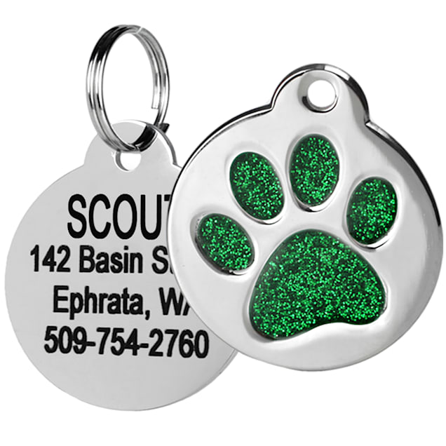 GoTags Personalized Stainless Steel Dog & Cat ID Tag, Swarovski Crystal Paw Print, Green, Small