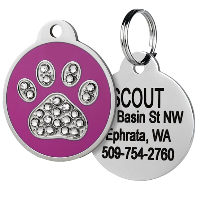 GoTags Personalized Glitter Blue Paw Print Stainless Steel Round Pet ID Tag  for Dogs and Cats, Small