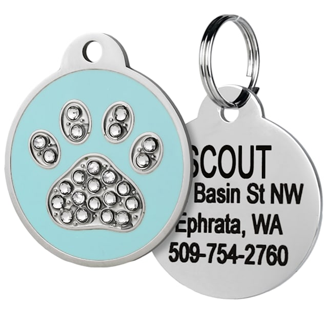 GoTags Personalized Glitter Blue Paw Print Stainless Steel Round Pet ID Tag  for Dogs and Cats, Small