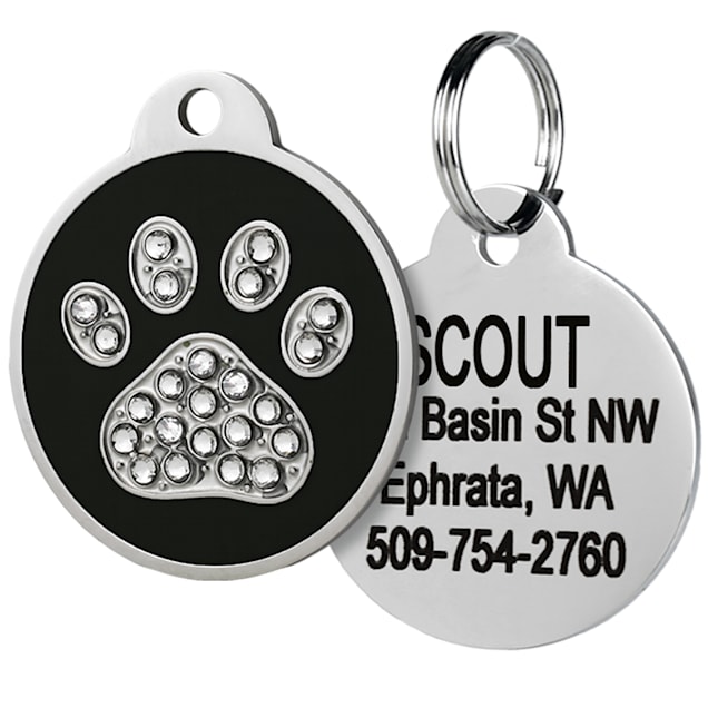 GoTags Paw Print Stainless Steel Black Pet ID Tags with Swarovski Crystals for Dogs and Cats Small