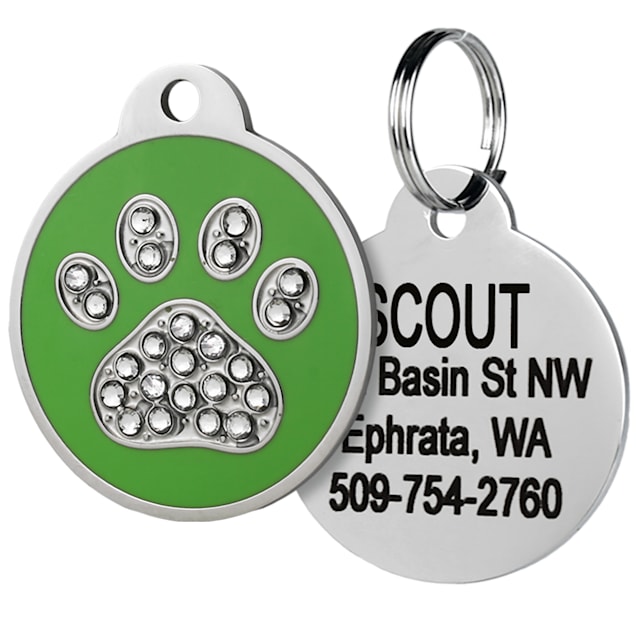 GoTags Personalized Stainless Steel Dog & Cat ID Tag, Swarovski Crystal Paw Print, Green, Small