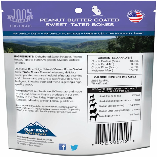 Blue Ridge Naturals Peanut Butter Coated Sweet 'Tater Bones Dog Treats Blue Ridge Naturals Peanut Butter Coated Sweet 'Tater Bones Dog Treats