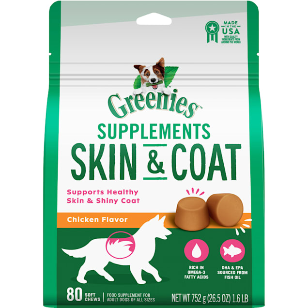 Greenies Skin & Coat Food Supplements With Omega 3 Fatty Acids Chicken- Flavor Soft Chews for Adult Dogs, Count  of 80 - Carousel image #1