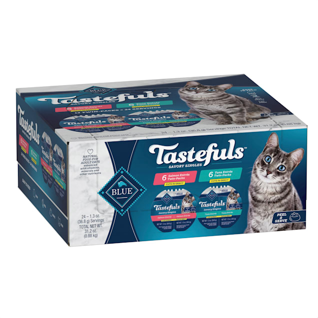 Blue Buffalo Blue Tastefuls Savory Singles Salmon/Tuna Entree Cuts in Gravy Wet Cat Food Variety Pack, 2.6 oz., Count of 12 - Carousel image #1