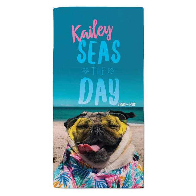Custom Personalization Solutions Doug the Pug Seas The Day Personalized Beach or Pool Velour Towel for Dogs - Carousel image #1
