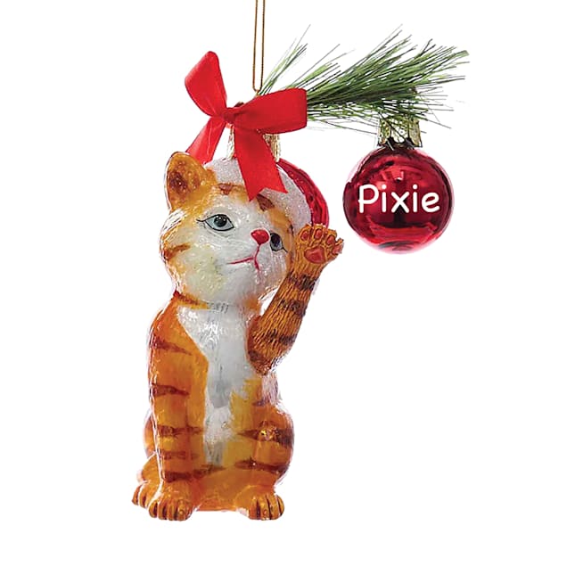 Custom Personalization Solutions Orange Mischievous Cat Glass Personalized Christmas Tree Ornament - Carousel image #1