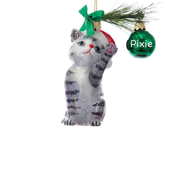 Custom Personalization Solutions Gray Mischievous Cat Glass Personalized Christmas Tree Ornament - Carousel image #1