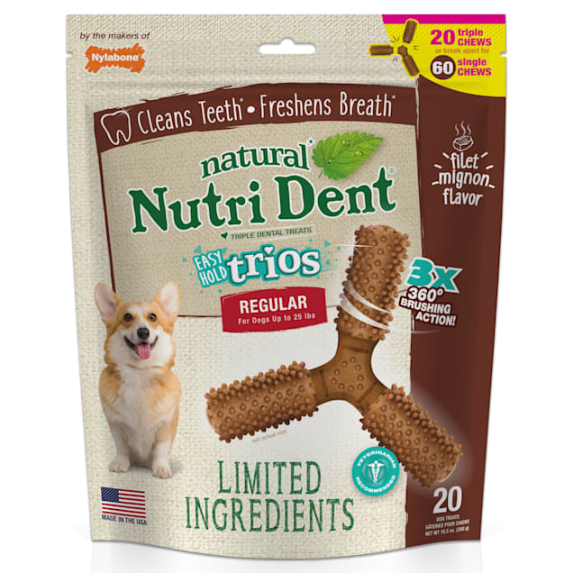 Nylabone Nutri Dent Easy Hold Trios Dental Dog Treats Small Filet Mignon, 7.11 oz., Count of 20 - Carousel image #1