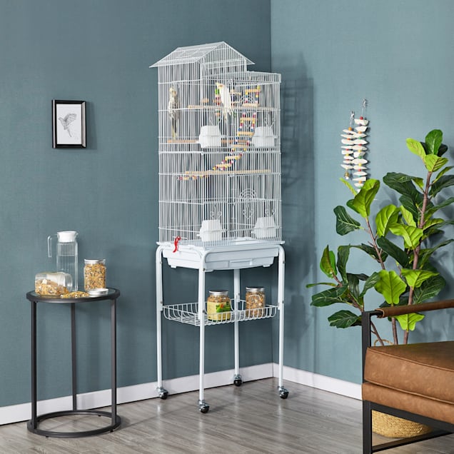 Topeakmart White Metal Bird Cage with Ladder Toy and Rolling