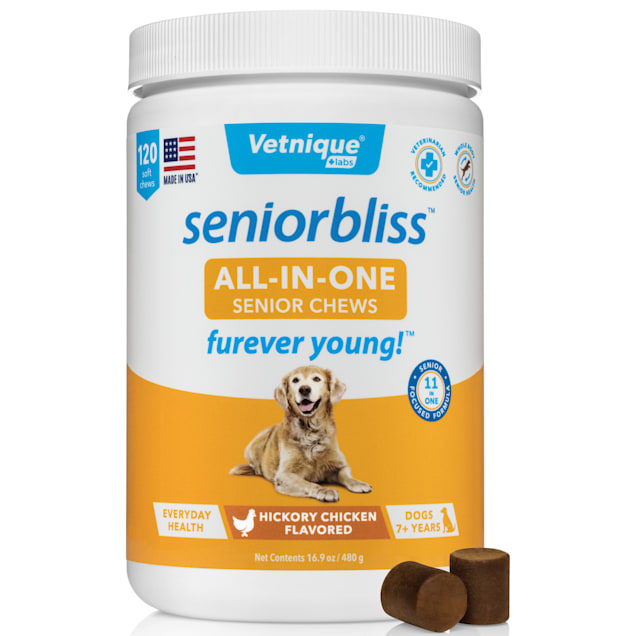 Vetnique Seniorbliss Daily All in One Supplement Hickory Chicken Flavored Soft Chews for Senior Dogs 16.9 oz Count of 120