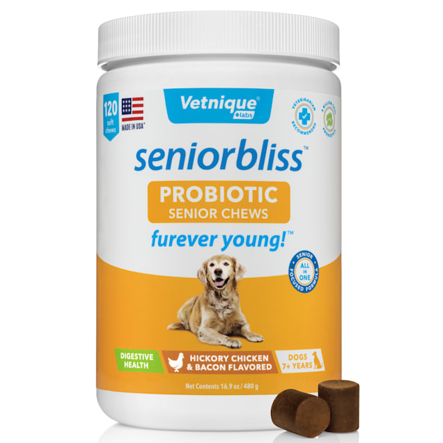 Vetnique Labs Seniorbliss Probiotic Supplement Chicken Bacon Flavored Soft Chews for Senior Dogs 1.3 lbs. Count of 120