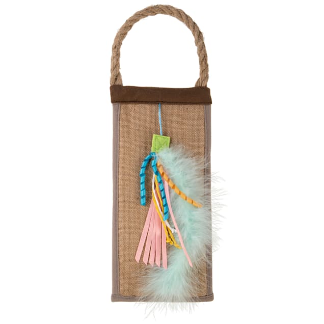 Petlinks Paw Party Hanging Jute Cat Scratcher with Attached Large Feathery Ribbon Toy, 0.5" L X 17" W X 5.5" H - Carousel image #1