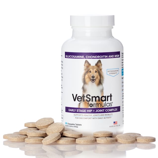 VetSmart Formulas Early Stage Hip + Joint Complex with Glucosamine,  Chondroitin and MSM for Dogs,  oz., Count of 60 | Petco