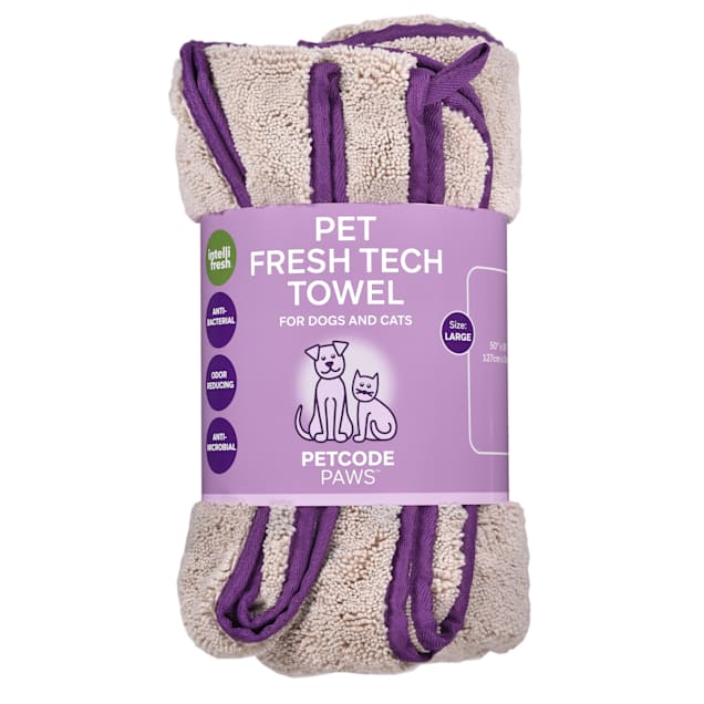 Petcode Paws Pet Fresh Tech Towel and Blanket for Dog and Cat Grooming in Sand Beige with Berry Purple, 50" L X 30" W X 0.275" H - Carousel image #1