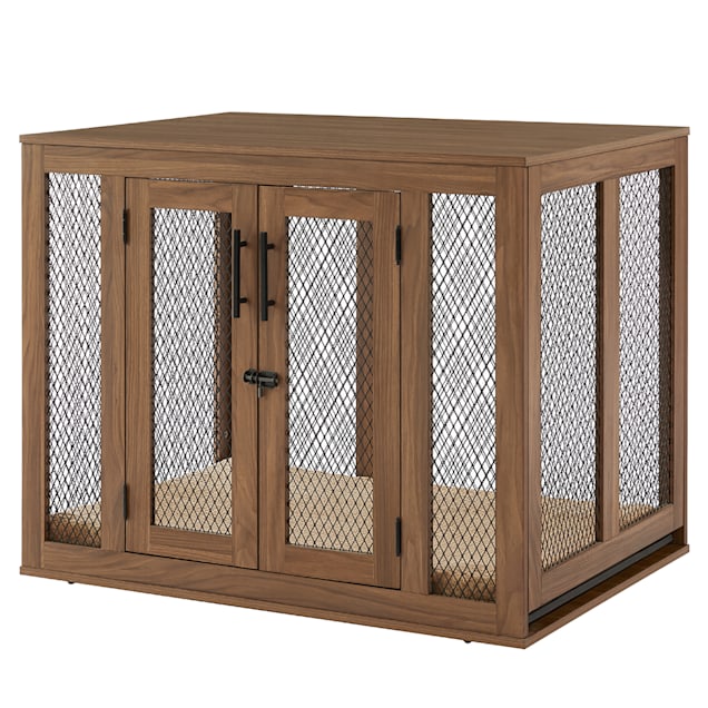 Unipaws Dog Crate with Tray and Cushion in Walnut 37 L x 24 W x 26 H