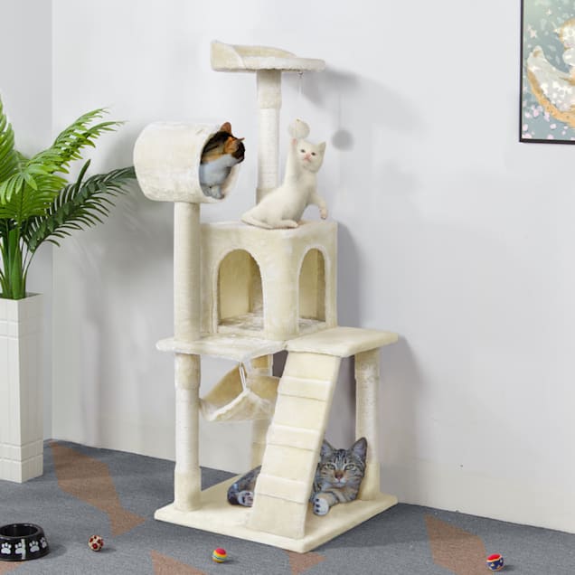 Topeakmart Beige Plush Cat Tree Condo with Hammock Tunnel 51