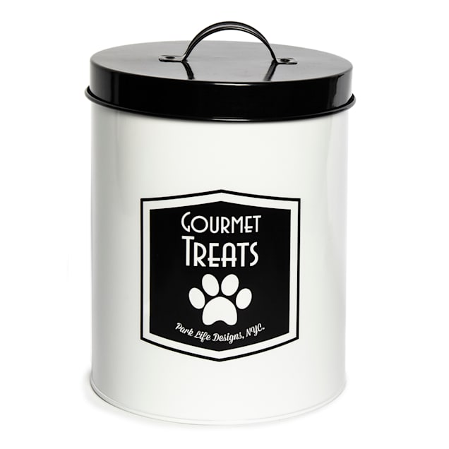 Tin dog food container on sale