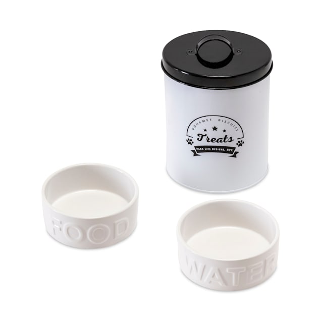 Park Life Designs White Classic Dog Water and Food Bowl with Gourmet Biscuits Tin, Small, Pack of 3 - Carousel image #1