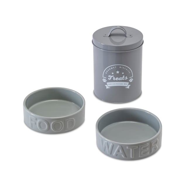 Park Life Designs Grey Classic Dog Water and Food Bowl with Gourmet Biscuits Tin, Medium, Pack of 3 - Carousel image #1