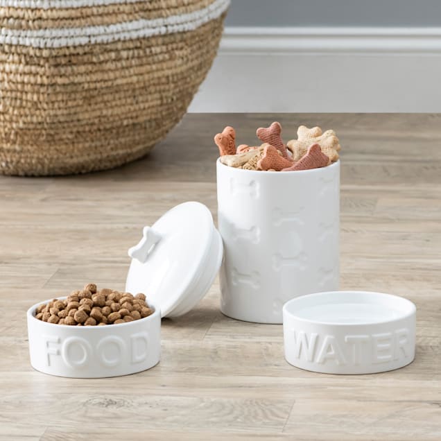 Park Life Designs White Classic Dog Water and Food Bowl with Manor Treat Jar Small Pack of 3