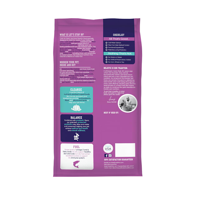 Solid Gold Let s Stay in Indoor Salmon Lentil Apple Recipe Adult Grain Free Dry Cat Food 12 lb Bag