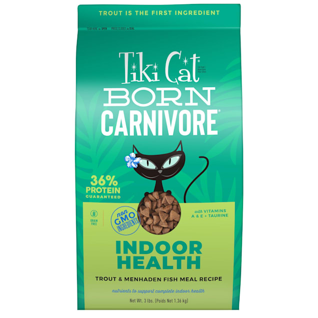 Tiki Cat Born Carnivore Indoor Health Trout and Menhaden Fish Dry Meal NON GMO Recipe for Cats 3 lbs