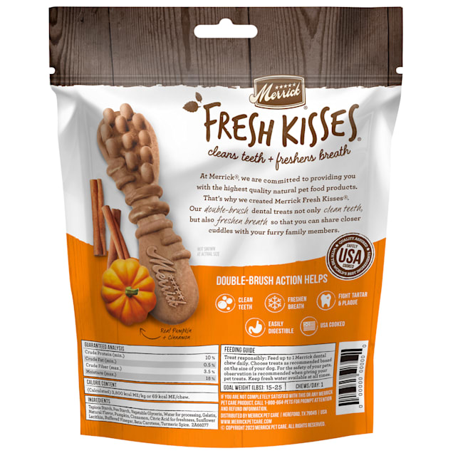 Merrick Fresh Kisses Pumpkin and Cinnamon Dental Chews Natural Treats for Small Dogs 4.8 oz. Count of 8 Petco
