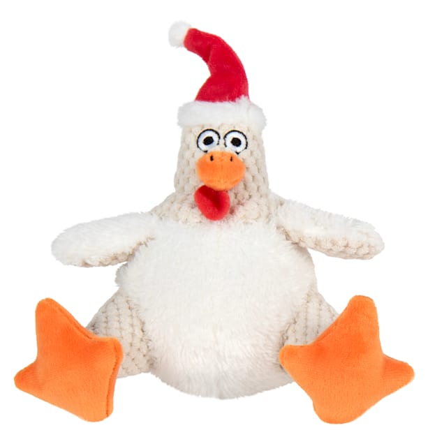 goDog White Holiday Collection Checkers Fat Rooster Santa Squeaky Chew Guard Technology Plush Dog Toy Small Petco