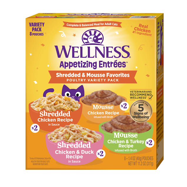 Wellness Appetizing Entrees Shredded & Mousse Favorites, Poultry Natural Wet Cat Food Variety Pack, 1.4 oz., Count of 8 - Carousel image #1
