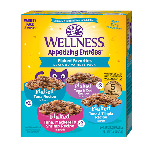 Wellness Appetizing Entrees Flaked Favorites, Seafood Natural Wet Cat Food Variety Pack, 1.4 oz., Count of 8 - Carousel image #1