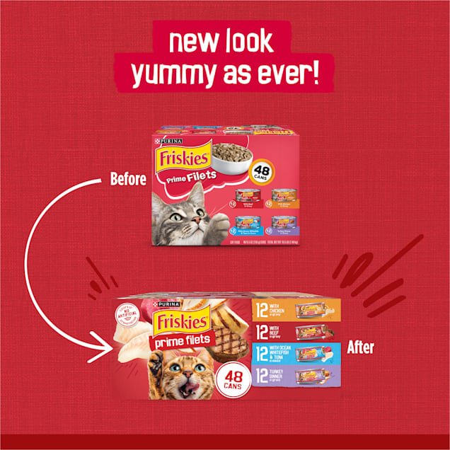 Purina Friskies Prime Filets Beef Chicken Ocean Whitefish Turkey Wet Cat Food Variety Pack 5.5 oz. Count of 48 Petco
