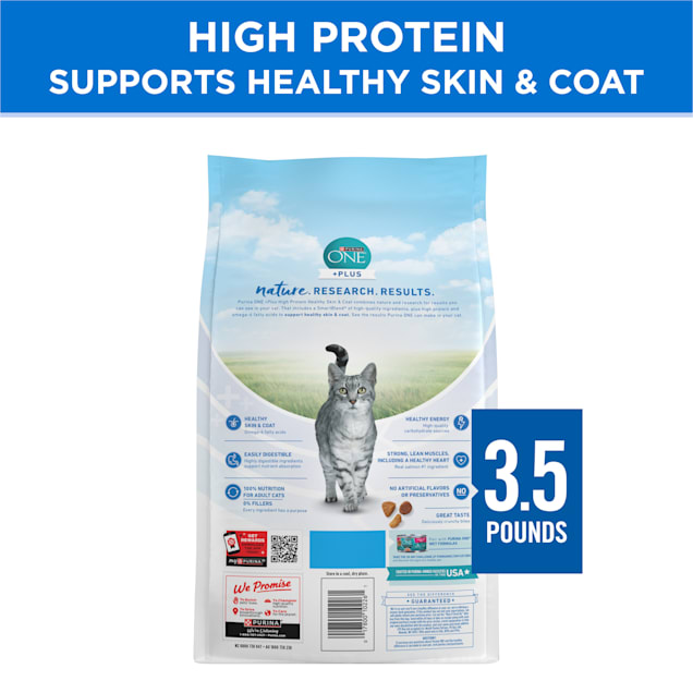 Purina ONE Plus High Protein Salmon and Ocean Whitefish Skin and Coat Health Formula Dry Cat Food, 3.5 lbs.