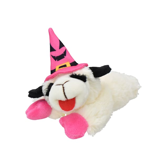 Multipet International Lamb Chop Halloween with Pink Jack O Lantern Witch Hat Dog Toy, 6" H, Small - Carousel image #1