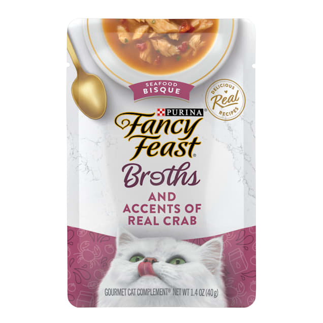 Purina Fancy Feast Broth Topper Seafood Bisque & Accents of Real Crab Lickable Wet Cat Food, 1.4 oz., Case of 16 - Carousel image #1