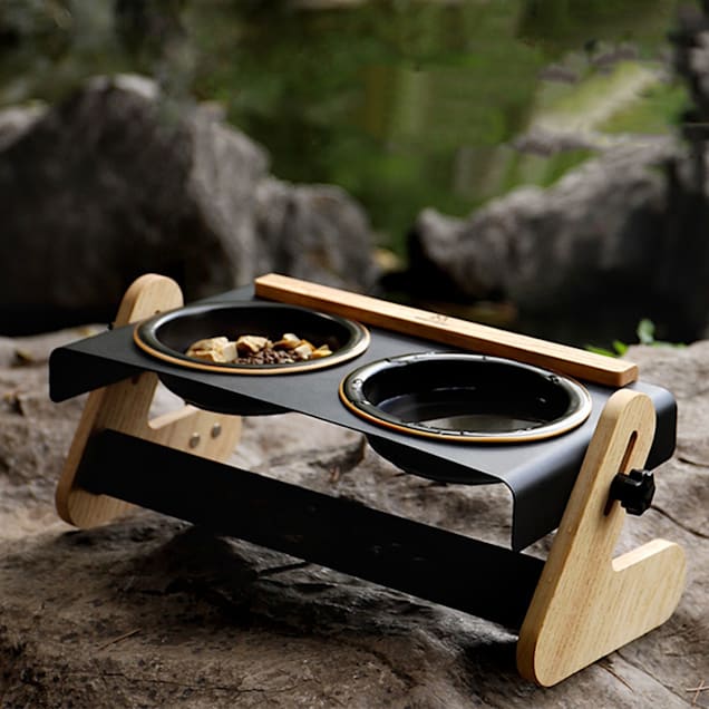 HANAMYA Iron-Wood Stand, Adjustable Height & Angle Pet Bowl Set
