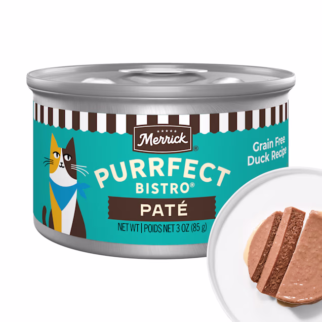 Merrick Purrfect Bistro Grain Free Premium High Protein Duck Recipe Soft Canned Pate Adult Wet Cat Food, 3 oz., Case of 24 - Carousel image #1