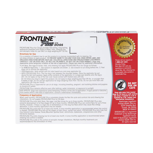 Frontline Plus Flea And Tick Treatment For X Large Dogs Up To 89 To 132 Lbs 3 Treatments Petco